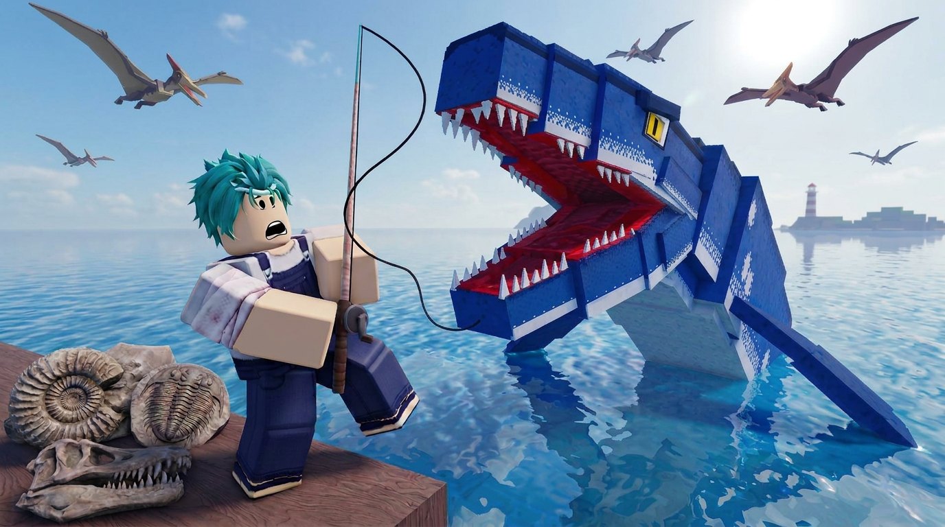 Prehistoric Farm — a Roblox player reels in a giant blue sea monster beside a pile of fossils